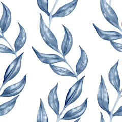 Fototapeta premium Blue Watercolor Plumeria Branches Seamless Pattern. The airy seamless botanical design perfect for fabric, stationery, wallpaper, wrapping paper, packaging, and handmade products
