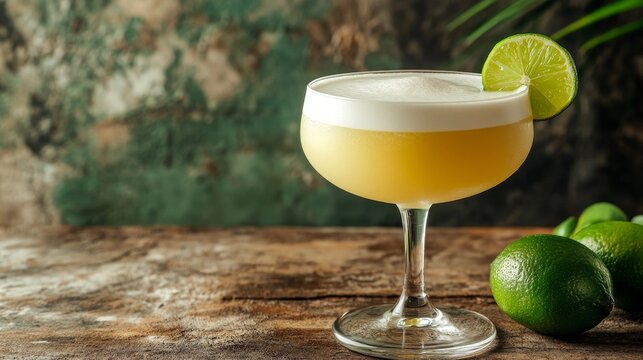 Elegant Costa Rican Guaro Sour served with a lime garnish, showcasing a smooth and frothy cocktail experience