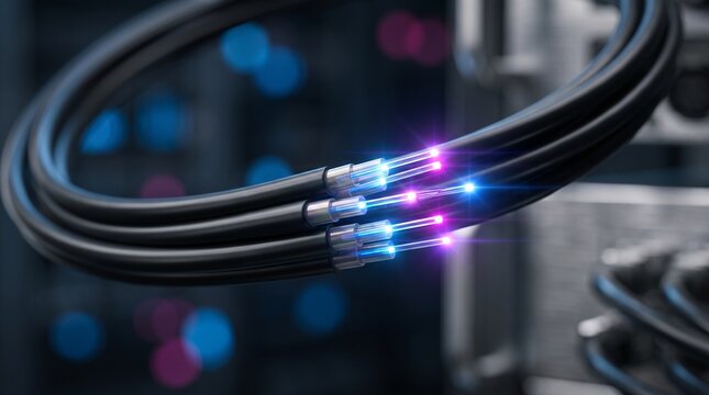 Fiber optic cables with glowing light transmission in a server room