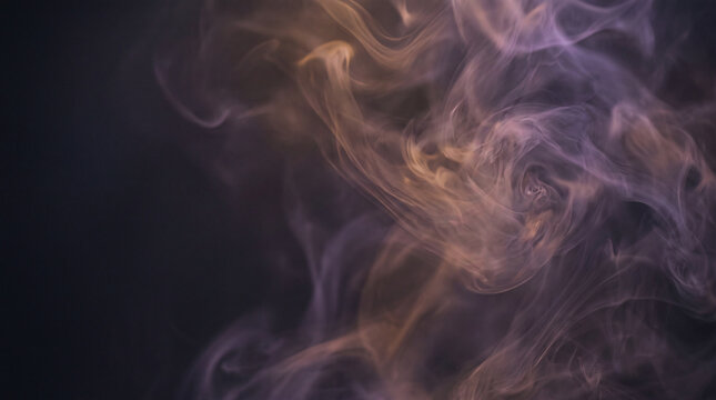 Abstract smooth wisps of orange and purple smoke swirling gracefully against a dark dramatic background with copy space.