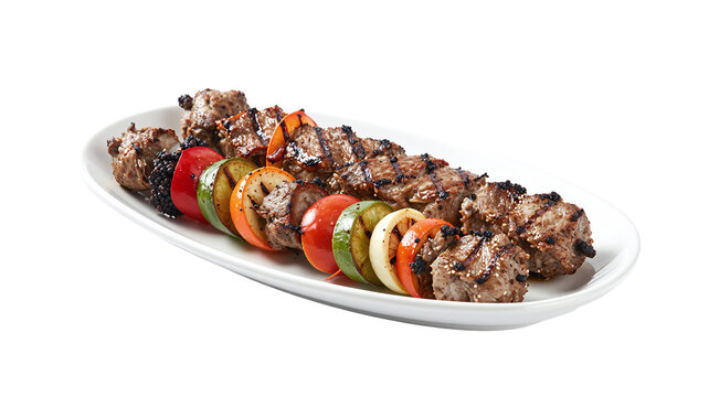 Appetizing grilled shish kebab on a white oval plate isolated on a pure white background