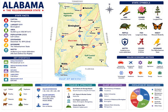Alabama USA State Infographic Map with Cities, Geography and Automotive Man