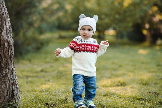 Funny kid boy 1 year old wearing knitted sweater and hat walking in autumn park. Childhood.