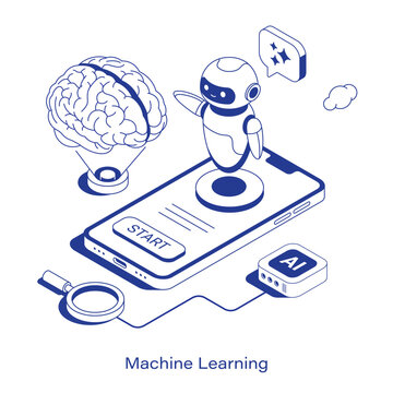 Isometric machine learning vector illustration. AI robot over a smartphone near a projected human brain, magnifying glass, and AI chip. Clean IT neural network technology layout