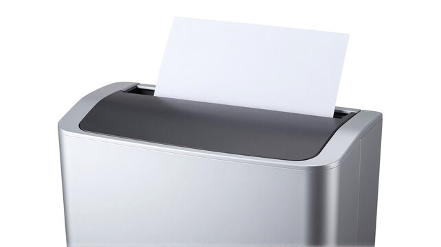 Modern paper shredder machine destroying confidential office document with white paper sheet