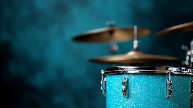 A teal drum kit is partially visible against a dark teal background