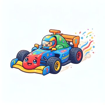 Cute Cartoon Race Car with Happy Driver, Colorful Kids Racing Illustration