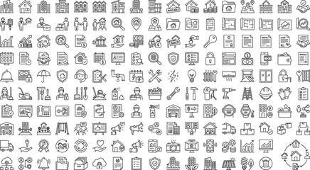 Obraz premium Property management and construction icon set featuring real estate, buildings, home services, renovation, architecture, maintenance, security and urban development