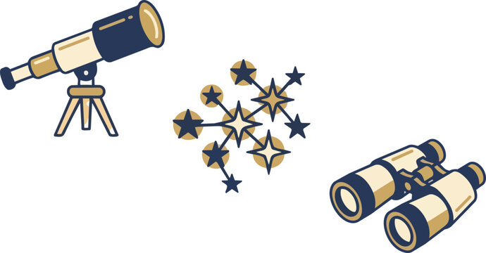 Astronomy, telescope and binoculars for star observation, space exploration and scientific discovery. Galaxy research, constellation and optical equipment for watching night sky, vision and lookout