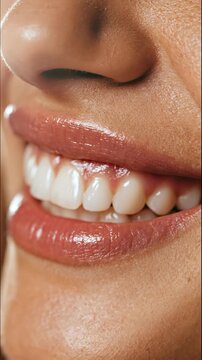 Close-up of a woman's perfect white teeth and glossy lips smiling