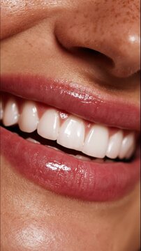 Close-up of a woman's perfect white teeth and glossy lips smiling