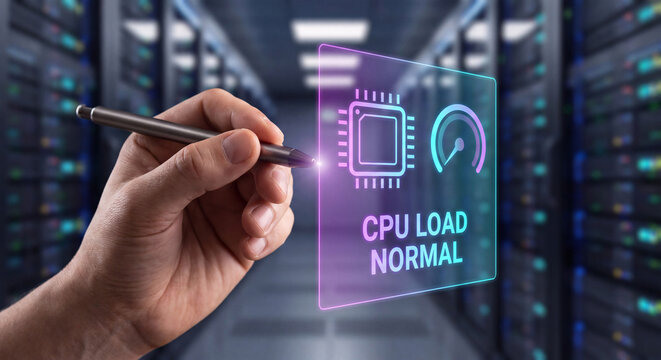 system administrator points stylus at glowing cpu usage interface to confirm load normal, verify processing spike, and manage server performance