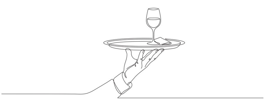 Waiter Hand Holding Tray One Line Art. Editable Stroke.