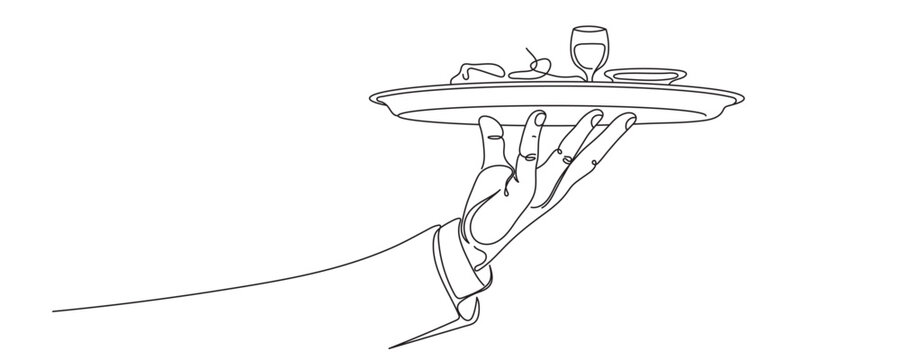 Waiter Hand Holding Tray One Line Art. Editable Stroke.