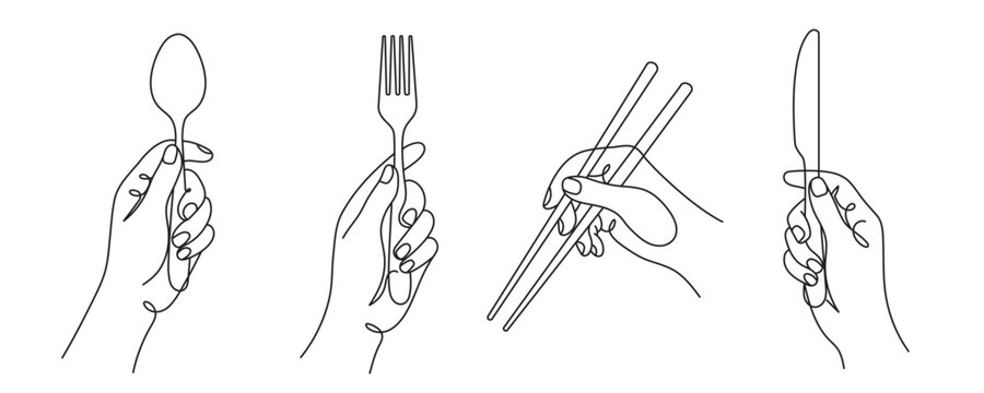 Hands Holding Cutlery One Line Set. Editable Stroke.