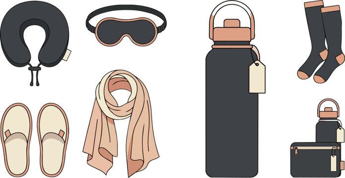 Travel kit, accessories and comfort items for long flights, airplane journey and tourism essentials. Neck pillow, eye mask and water bottle with socks, slippers and scarf for vacation packing list.