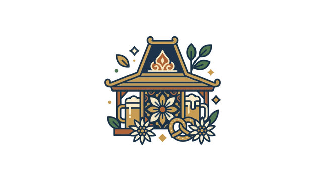 Bavarian chalet icon with beer mugs and flowers.