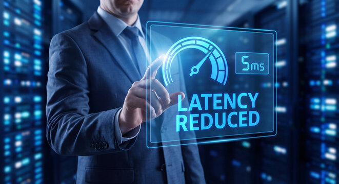 performance engineer touches glowing latency interface to confirm latency reduced, verify response time, and manage server optimization