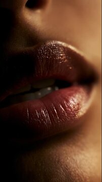 Close-up macro shot of full, glossy, dark red lips with subtle texture details