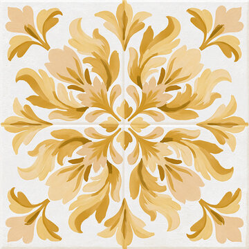 Intricate golden floral scrollwork creating a symmetrical baroque pattern, ideal for decorative tiling or vintage ornamental wallpaper