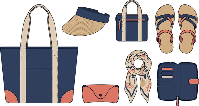 Summer vacation accessories, beach travel gear and fashion set for holiday, tourism and seasonal retail. Sun visor, tote bag and sandals with scarf, wallet and case for ocean trip and cruise life