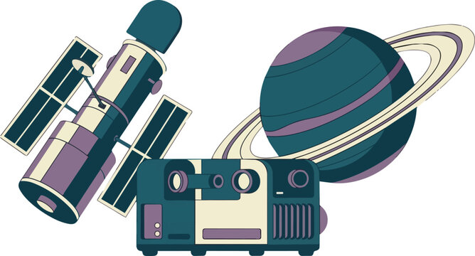 Space telescope, planet and movie projector for science education, astronomy research and cinema media. Saturn, cosmos and vintage equipment with technology, orbit, universe study, and history.