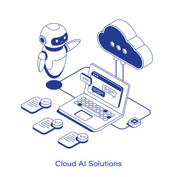Isometric cloud AI solutions vector illustration. A friendly robot next to a laptop with a chat interface, connected to a cloud and checked documents. Clean IT network technology layout