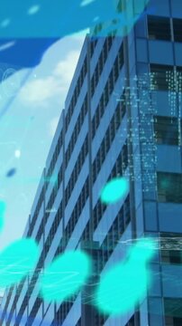 Animation of financial data processing with world map over modern office building
