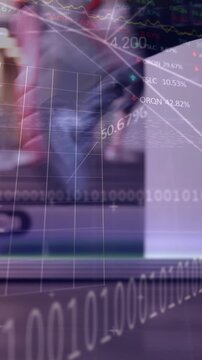 Animation of graphs and world map over football player on stadium