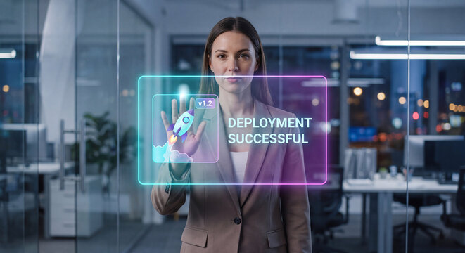 devops engineer touches glowing deployment interface to confirm deployment successful, verify build version, and manage release pipeline