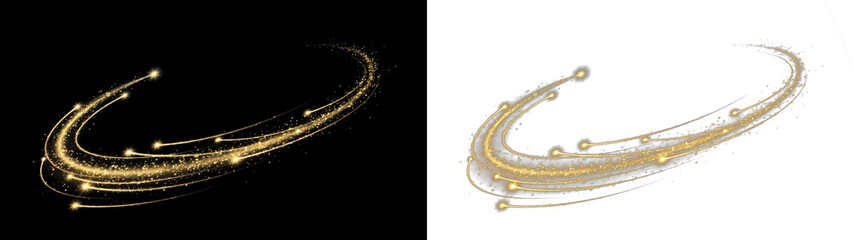 Golden glowing light trail swirl with sparkling stars. High quality PNG file with transparent background, perfect for magic effects, luxury overlays, festive holiday designs, and composite editing. © Tatyana
