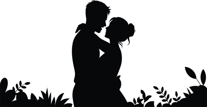 Black silhouette of a romantic couple embracing each other in a garden setting with foliage at the bottom, isolated on a white background