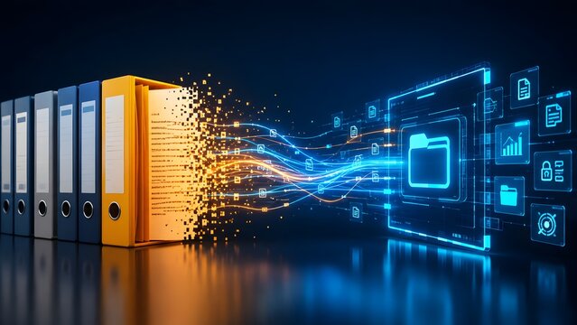 Physical file folders transforming into digital data streams flowing towards a glowing neon interface with folder and chart icons representing document digitization
