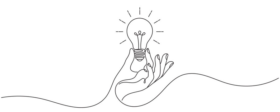 Hand Holding Light Bulb One Line Art. Editable Stroke.