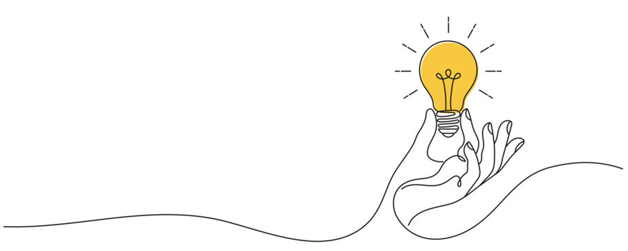 Hand Holding Light Bulb One Line Art. Editable Stroke.
