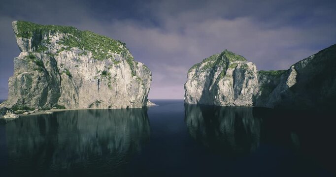 narrow sea channel framed by cliffs, calm passage with sheltered water and reflective surface offering natural anchorage and nautical escape for sailors