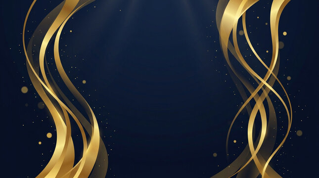 Elegant gold ribbon background, luxury golden wave border on dark blue, premium abstract silk lines with bokeh sparkles
