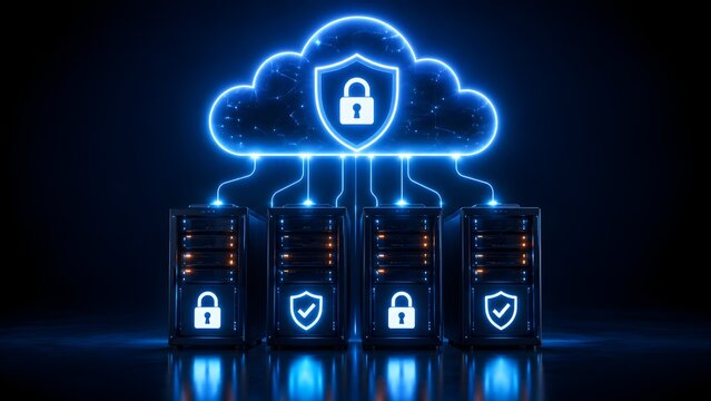 Glowing digital cloud with a padlock icon connected to server racks displaying security shields representing safe data storage and cloud cybersecurity