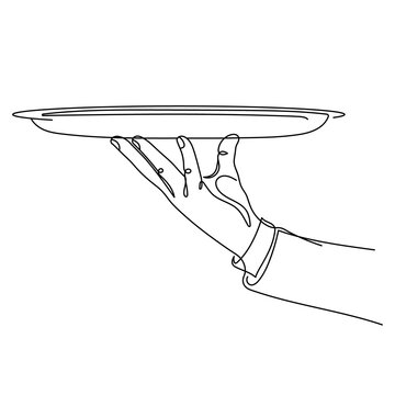 Waiter Hand Holding Tray One Line Art. Editable Stroke.
