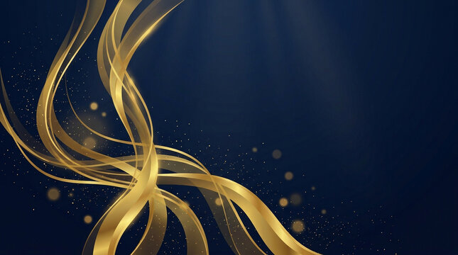 Elegant gold waves on dark blue background, luxury abstract flowing lines with glitter, premium decorative backdrop for gala invitations