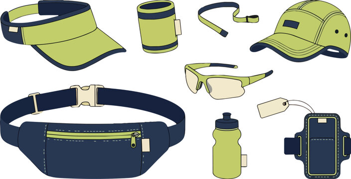 Running gear, sports accessories and fitness equipment for jogging, workout and training. Fanny pack, water bottle and sunglasses with cap, visor and armband. Athletic set for marathon exercise run.