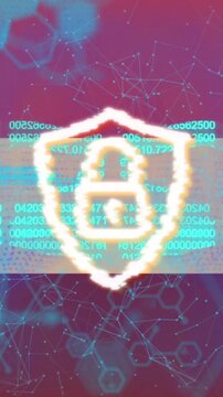 Animation of padlock icon and data processing over purple background