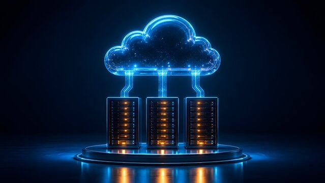 Glowing blue cloud computing interface hovering above three server racks on a platform representing digital data storage and network hosting