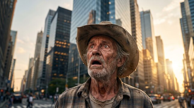 Portrait of a shocked elderly cowboy with a weathered face standing amidst city skyscrapers during sunset