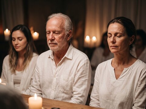 Diverse group of people meditating together with eyes closed in candlelit room for spiritual wellness and mindfulness practice