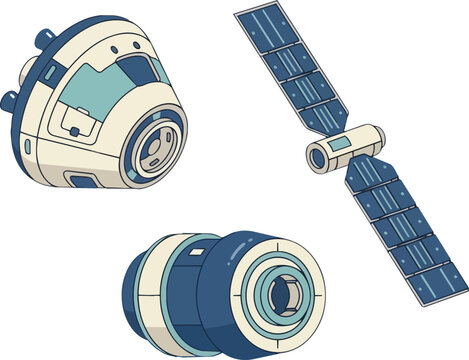 Spacecraft capsule, satellite and rocket module for aerospace mission, orbital flight and galaxy exploration. Science, technology and engineering for future discovery, solar panels and transport