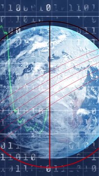 Animation of financial data, binary code over globe in navy space