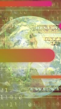 Animation of colorful tubes, binary code, flames and financial data moving over globe in navy space