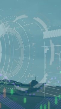 Animation of radar, graph and loading bar over windmill on landscape against clear sky