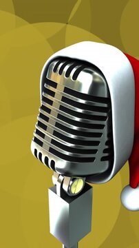 Animation of santa hat over a microphone icon against yellow spots of light on black background